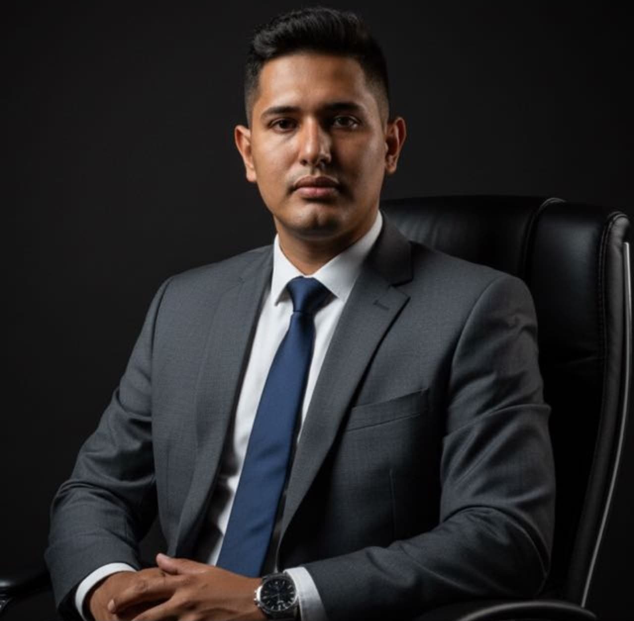 Matheus Lopes, advogado, sentado de terno em seu retrato profissional.